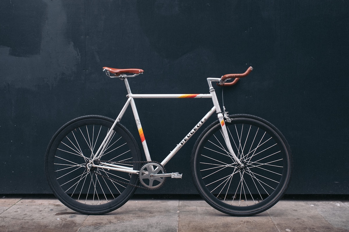 Storm-gray fixed-gear bicycle leaning elegantly against matte black corrugated paneling